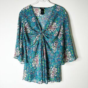 BISOU BISOU Top Women M Teal Blue Floral Sheer Flowy Babydoll V-neck Blouse NWOT